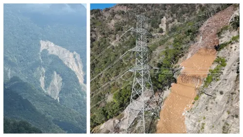 ▲2023年卡努、小犬颱風造成51號電塔東側山體土石崩落，意外形成電塔落於「巨人肩膀」上的景象。（圖／台電提供）