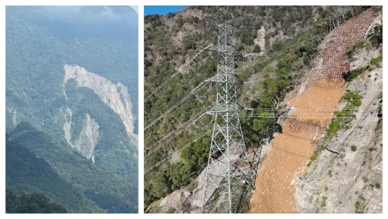    ▲2023年卡努、小犬颱風造成51號電塔東側山體土石崩落，意外形成電塔落於「巨人肩膀」上的景象。（圖／台電提供）  