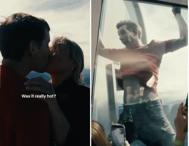 ▲霍諾德成功徒手攀登台北101後和老婆甜蜜擁吻，而在攀登的過程中一陣風吹意外露出他結實腹肌。（圖／翻攝alexhonnold IG）