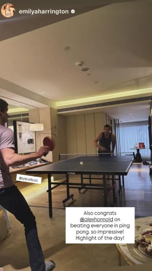 ▲霍諾德在爬完101之後，同一天還有另外一個亮點，Netflix直播來賓艾蜜莉在IG限動分享，他還跟朋友打了桌球，同時贏了所有人。（圖／翻攝自艾蜜莉IG@emilyaharrington）