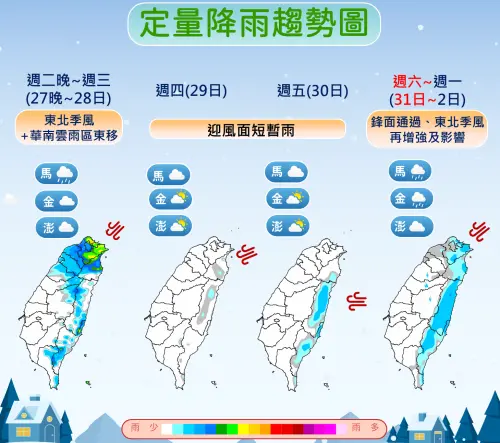 ▲氣象署提醒，周二開始水氣增多，北部、東部降雨明顯，周四稍微趨緩，周六再迎鋒面雨勢。（圖／中央氣象署cwa.gov.tw）