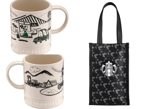 ▲星巴克竹南大埔門市限定「DT咖啡驛站馬克杯」售價650元、「黑DT女神隨行杯袋」售價390元。（圖／星巴克starbucks.com.tw）