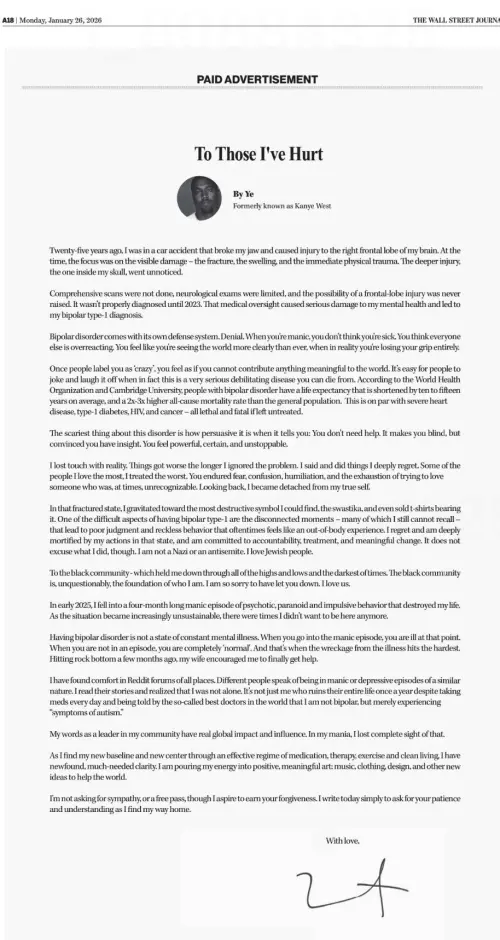 ▲肯爺在《華爾街日報》刊登道歉文，為過去失序行為道歉，並說明自己因為大腦損傷和躁鬱症，造成長期脫離現實。（圖／翻攝自 Pop Base@X）