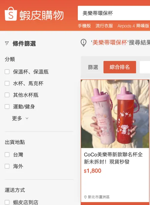 ▲CoCo美樂蒂冷水杯才開賣一天，2/3門市皆已搶光；蝦皮購物有賣家以1800元出售中。（圖／蝦皮購物shopee.tw）