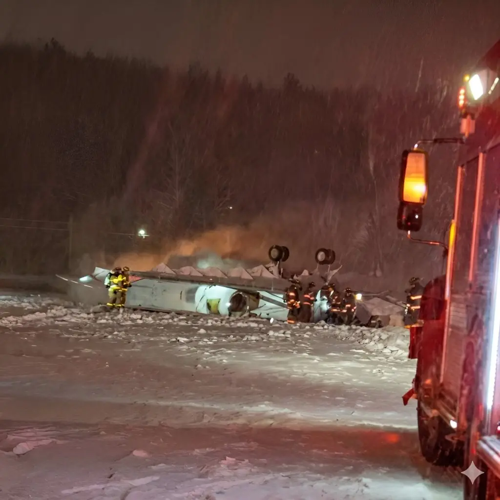 ▲美國近日遭冬季風暴襲擊，緬因州班戈機場25日有一架私人商務飛機起飛時墜毀，機上6人全數罹難。（圖／翻攝自Ｘ／@SteveRob）