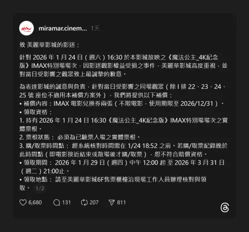 ▲美麗華影城於昨（26）日發出道歉公告表示：「為表達影城的誠意與負責，針對當日受影響之同場觀眾兩張 IMAX 電影兌換券。（圖／Threads＠miramar.cinemas）