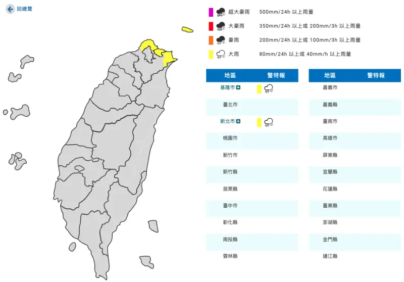 ▲中央氣象署發布大雨特報表示，今（28）日基隆北海岸有局部大雨發生的機率，同時發布強風特報，提醒新北、桃園等16縣市有平均風6級以上或陣風8級以上發生的機率。（圖／中央氣象署www.cwa.gov.tw）