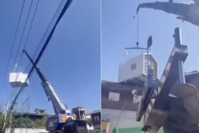 ▲泰國孔敬市中心住宅區日前發生一起驚險工安事故。（圖／翻攝自臉書）