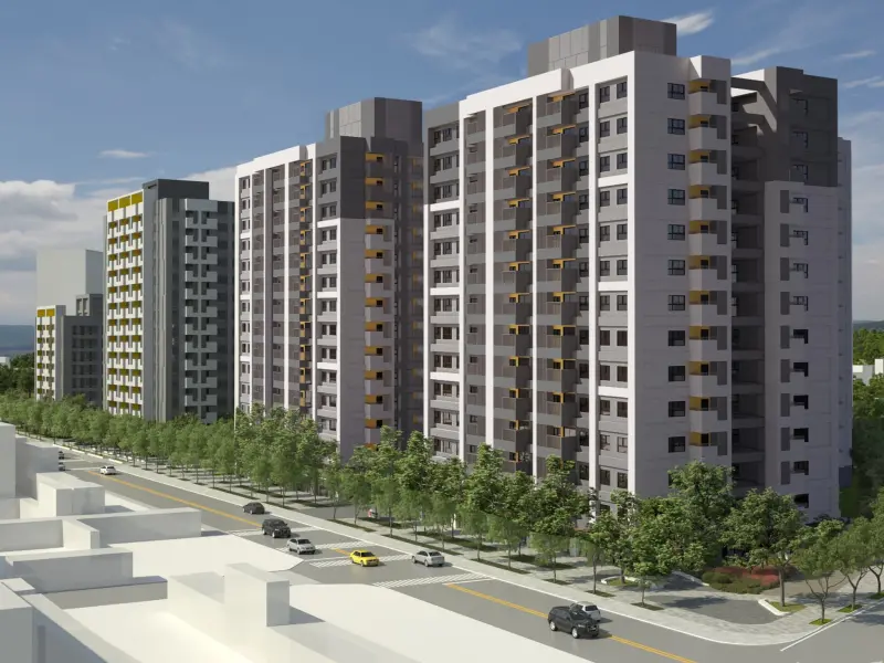 ▲緊鄰塭仔圳重劃區的「貴和安居B」新北社宅完工模擬圖，規劃興建三棟現代化建築，預計2029年竣工 。（圖／國家住都中心提供）