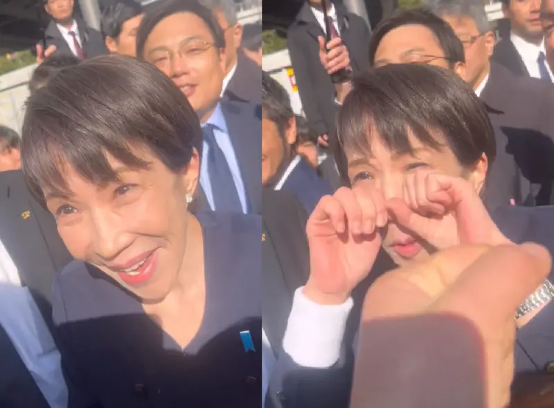 ▲日本首相高市早苗在東京秋葉原遇到民眾喊話讀賣巨人隊今年會贏，擺出「哭哭臉」回應。（圖擷取自X@hide_Q_）