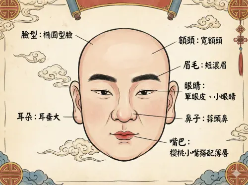 ▲台彩公布 2024 年億元頭獎得主面相統計，圖示包含寬額頭、大耳垂及蒜頭鼻等 7 大招財特徵。（示意圖／由 AI 生成）