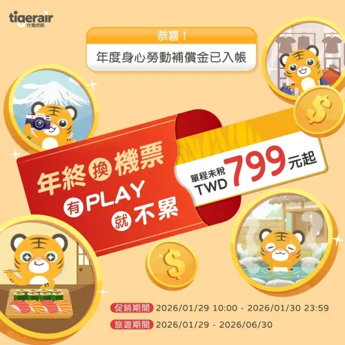 ▲虎航推出「年終換機票 有 PLAY 就不累」優惠促銷，單程799元起。（圖／取自虎航臉書www.facebook.com/TigerairTaiwan）