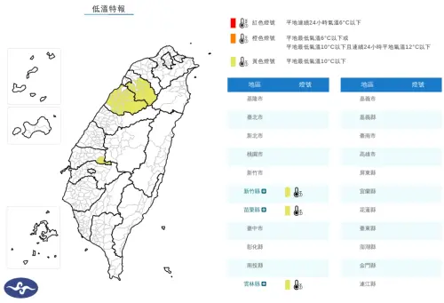 ▲氣象署表示，輻射冷卻影響，局部地區早晚氣溫明顯偏低。今日晨至上午新竹、苗栗及雲林有局部10度以下氣溫(黃色燈號)發生的機率。（圖／中央氣象署cwa.gov.tw）