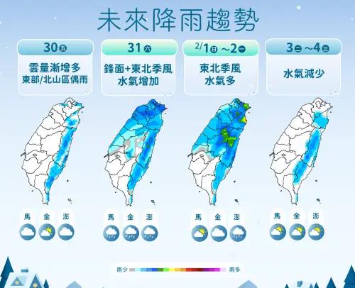 ▲氣象署指出，周末兩天鋒面通過台灣，中部以北、東半部的降雨比較明顯，體感濕冷。（圖／中央氣象署cwa.gov.tw）