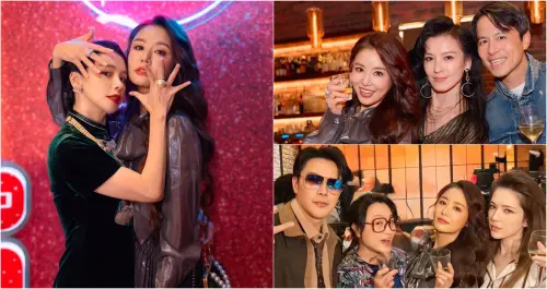 ▲林心如慶生派對現場眾星雲集，徐若瑄（左）穿旗袍亮相、許瑋甯（右下）吹半屏山瀏海。（圖／Ruby林心如臉書）