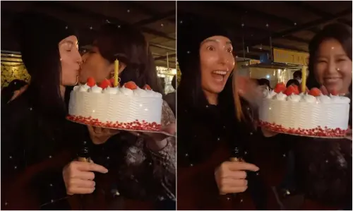 ▲林心如（右）故意撇過臉親上楊謹華（左）的嘴巴，讓楊謹華嚇一大跳。（圖／楊謹華IG@cheryllovel0ve）