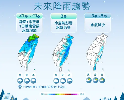 ▲氣象署指出，周末兩天鋒面通過台灣，中部以北、東半部的降雨比較明顯，體感濕冷。（圖／中央氣象署cwa.gov.tw）