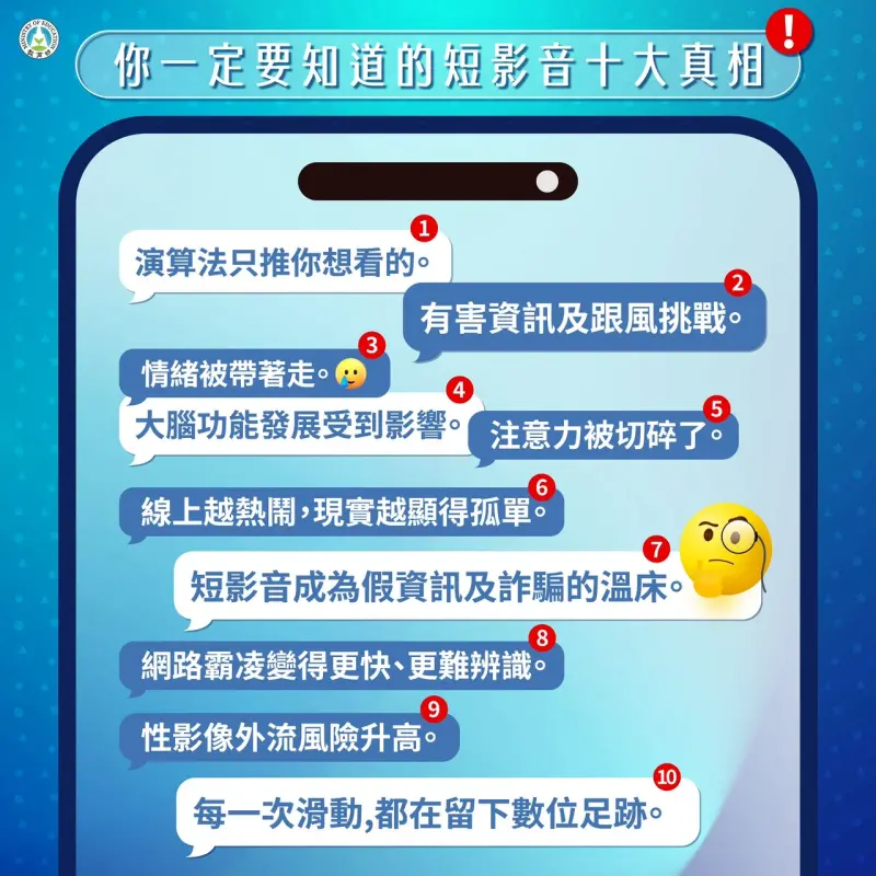 ▲兒少使用短影音可能衍生的風險，包括跟風挑戰、自殺自傷、注意力碎片化、假資訊與詐騙、網路霸凌、性影像外流等問題。（圖／教育部提供）