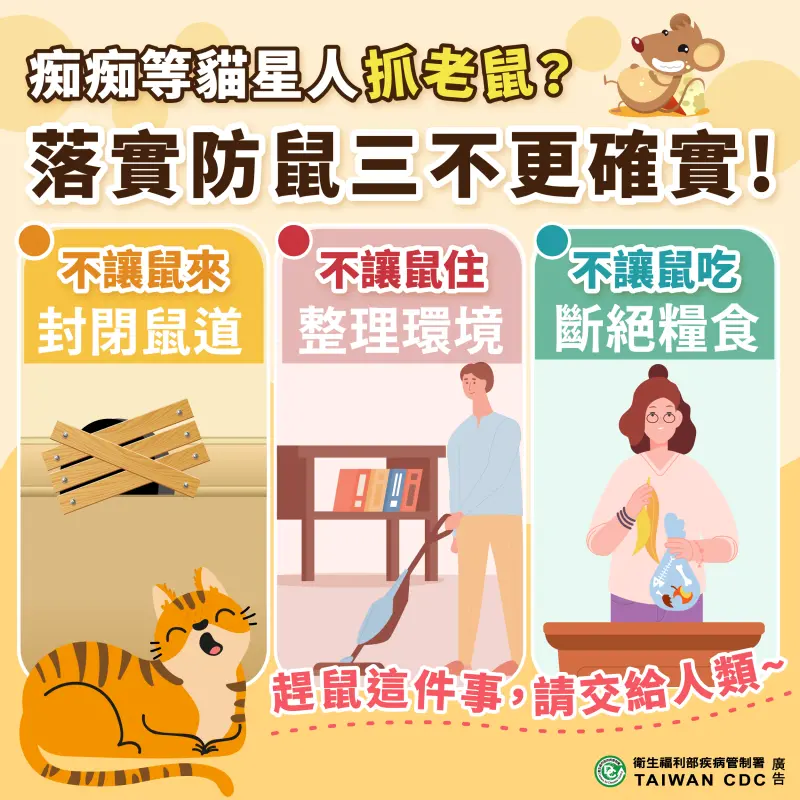 ▲北市爆今年首例漢他病毒，提醒民眾落實居家防鼠3不策略。（圖／北市衛生局提供）