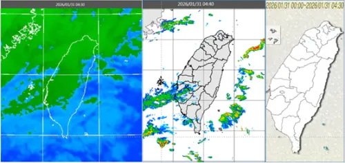 ▲變天進行式！今（31）晨衛星雲圖顯示雲層已籠罩台灣上空（左），雷達回波更捕捉到鬆散降雨帶移入（中），北部民眾一覺醒來已能感受到零星飄雨（右），宣告濕冷模式正式啟動。（圖／翻攝自氣象應用推廣基金會 洩天機教室）