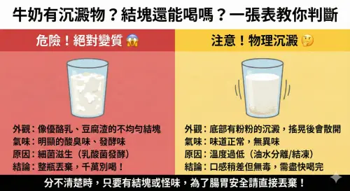 ▲倒出來的牛奶有結塊還能喝嗎？透過這張對照表，教你一秒分辨是危險的「細菌變質」還是單純的「物理沉澱」。（圖／由 AI 生成、記者徐銘穗監製）