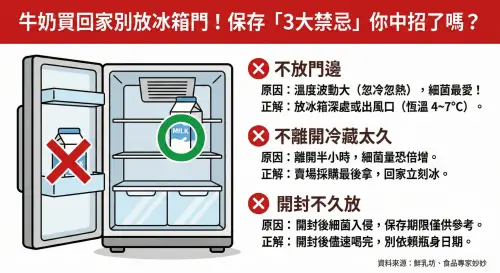▲鮮奶買回家別放冰箱門！這張「鮮奶保存 3 禁忌」圖卡，直接點出多數人常犯的錯誤，趕快存下來傳給負責採買的家人。（圖／由 AI 生成、記者徐銘穗監製）