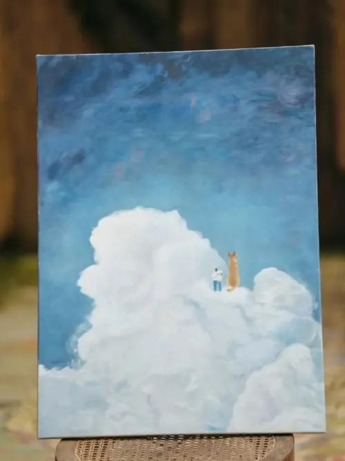 ▲夏宇童親手畫的自己與孫協志，還有愛犬Nini一家三口畫面。（圖／夏宇童FB）