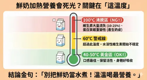 ▲鮮奶加熱別煮沸！專家指出 60 度是關鍵分水嶺，超過 100 度沸騰會導致維生素與蛋白質大量流失。（圖／由 AI 生成、記者徐銘穗監製）
