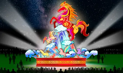 ▲2026新北燈會將於2月20、21日試營運， 2月22日正式開幕點燈，主燈為「勁馬奔騰 新北Hi Light」。（模擬圖／新北市民政局官網https://www.ca.ntpc.gov.tw/）