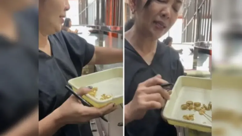 ▲銀樓老闆仔細盤點婦人帶來的金飾，沒想到計算出來的收購金額高得嚇人。（圖／翻攝自TikTok）