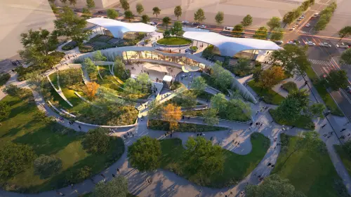 ▲大港墘公園內的 Y32 站將被打造成「科技人的森林驛站」，設計主軸為「科技人的森林驛站」，以「捷運融入公園」為核心概念，保留既有綠地風貌，讓車站成為公園景觀的一部分，而非突兀的交通設施，結合下凹式廣場、玻璃帷幕與流線型屋頂。（圖／台北市捷運工程局）