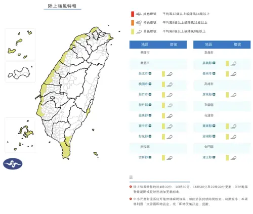 ▲氣象署發布「陸上強風特報」，西半部地區要注意陣風8級以上發生。（圖／中央氣象署cwa.gov.tw）