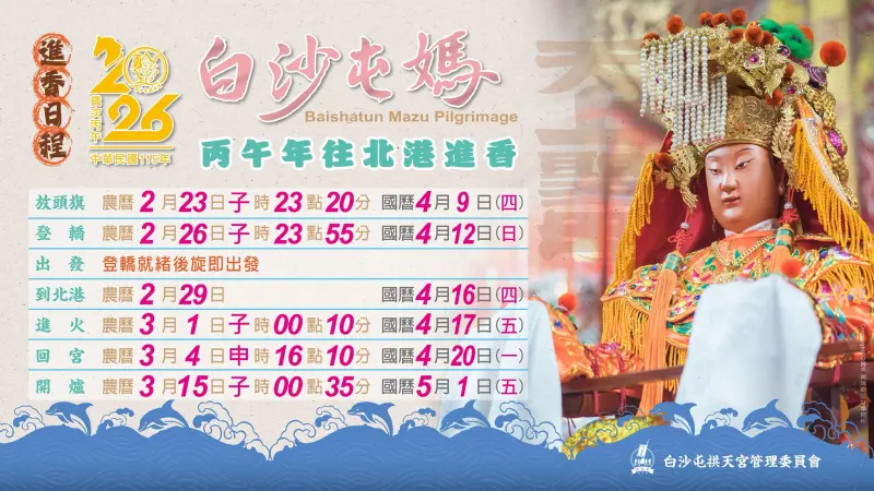 ▲2026年白沙屯媽祖到北港進香日程出爐了，4月12日白沙屯媽祖婆將會坐上粉紅超跑啟程前往北港。（圖／白沙屯拱天宮）