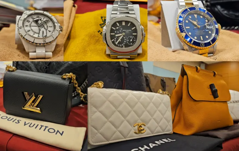 ▲調查局新北市調處上門搜索吸金9億的嫌犯住家，查扣價值300萬元的百達翡麗「金鷹」錶（上中）、LV、GUCCI、CHANEL等多款名牌包與名錶，破案記者會現場猶如精品展示會。（圖／記者劉松霖攝）