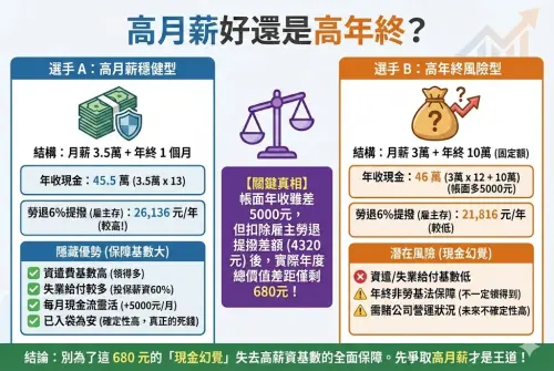 ▲底薪3萬5、年終1個月跟底薪3萬、年終10萬的工作全面比較，結果還是底薪3萬5、年終1個月勝出，高月薪始終比高年終還要實在。（圖/Gemini AI/記者張嘉哲監製）