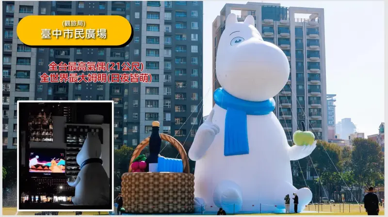 ▲位於勤美商圈的台中市民廣場，有全世界最大、21公尺高的姆明氣偶。（圖／台中市政府提供，2026.02.03）