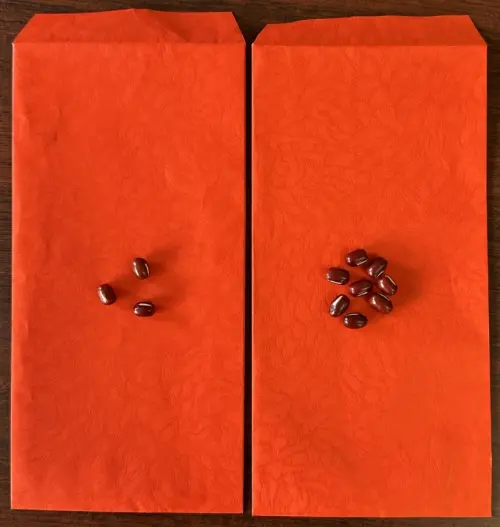 ▲紅色屬「火」，易經數字3和8結合後，會引動「木」的無形磁場，所以將紅豆（屬火）數目3顆和8顆分別用紅包袋裝起來，放在左右口袋或一起放在錢包、包包內避2026年災禍。（圖／楊登嵙提供）