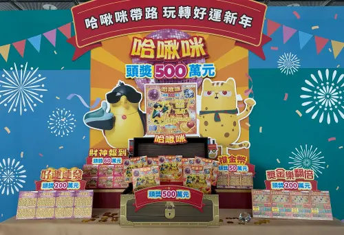 ▲台彩最新搭配吉祥物聯名發售500元刮刮樂「哈啾咪」，累計2026年春節最新15款刮刮樂全數上架販售。（圖／記者顏真真攝）
