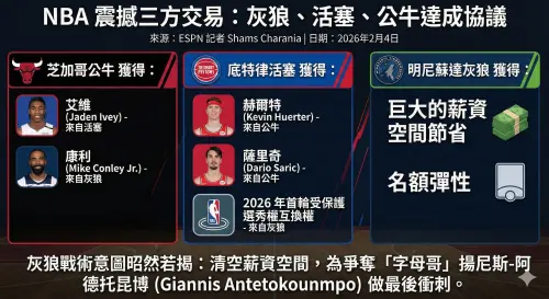 ▲在NBA交易截止日前夕，明尼蘇達灰狼、底特律活塞與芝加哥公牛達成一項震撼聯盟的三方交易。（圖／Gemini AI／記者黃建霖監製）