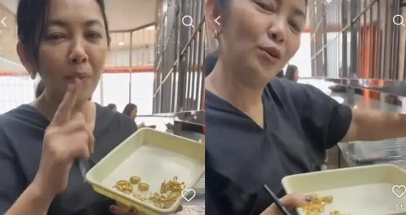 ▲一名印尼女子近日將自己在2000年代初期購入的黃金首飾拿到金店變現，意外在社群平台掀起熱議。（圖／翻攝自抖音）