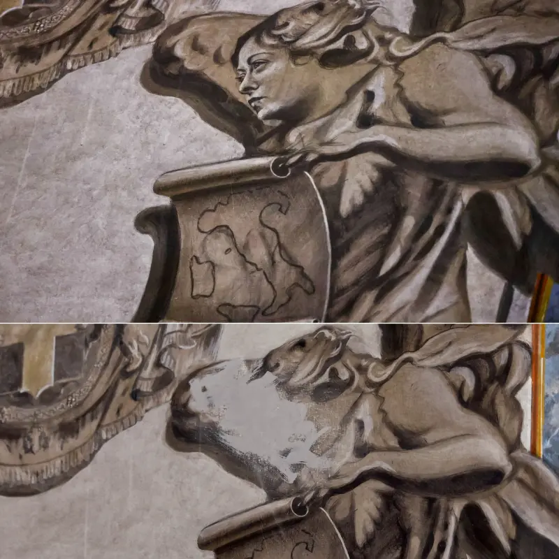 ▲義大利羅馬一座教堂壁畫上的天使，因修復後與現任總理梅洛尼「撞臉」（上），引發爭議後遭到移除（下）。（圖／路透／達志影像）