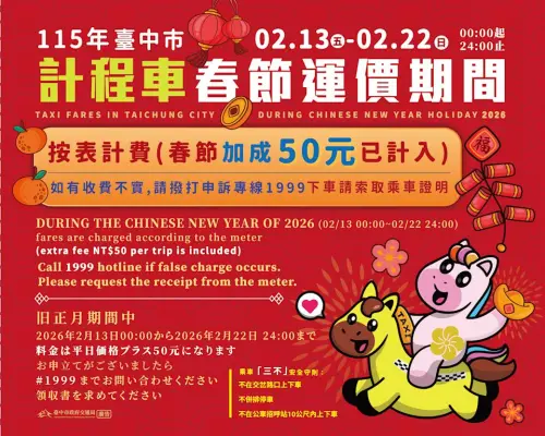 ▲台中市計程車2月13日至2月22日實施春節加成費率。（圖／台中市政府）