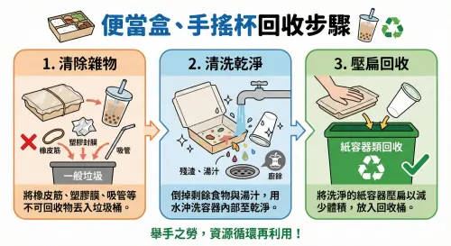 ▲便當盒、手搖杯回收3步驟。（圖／Gemini AI生成／記者張家瑋監製）