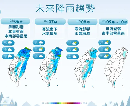 ▲氣象署提醒，周五鋒面襲台，北部、東半部容易下雨，周日開始慢慢轉乾，各地雨勢逐漸趨緩。（圖／中央氣象署cwa.gov.tw）