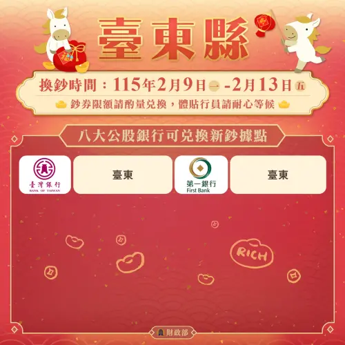 ▲台東縣開放換新鈔據點。（圖／財政部提供）