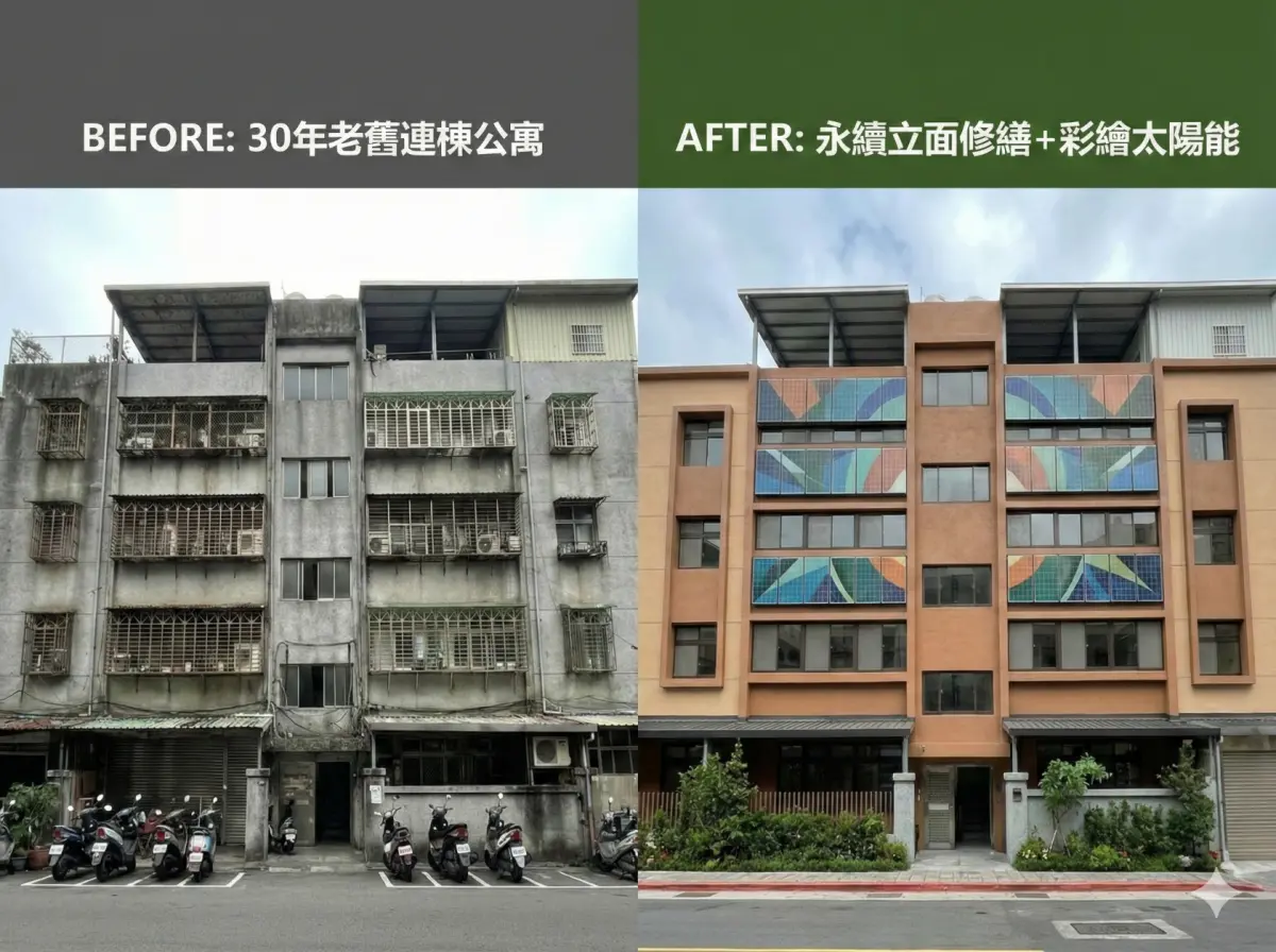 ▲內政部老宅延壽示範案例：透過立面修繕與彩繪太陽能板結合，預計可減少 60% 至 70% 碳排放量，讓老屋重獲新生。（圖／內政部提供）