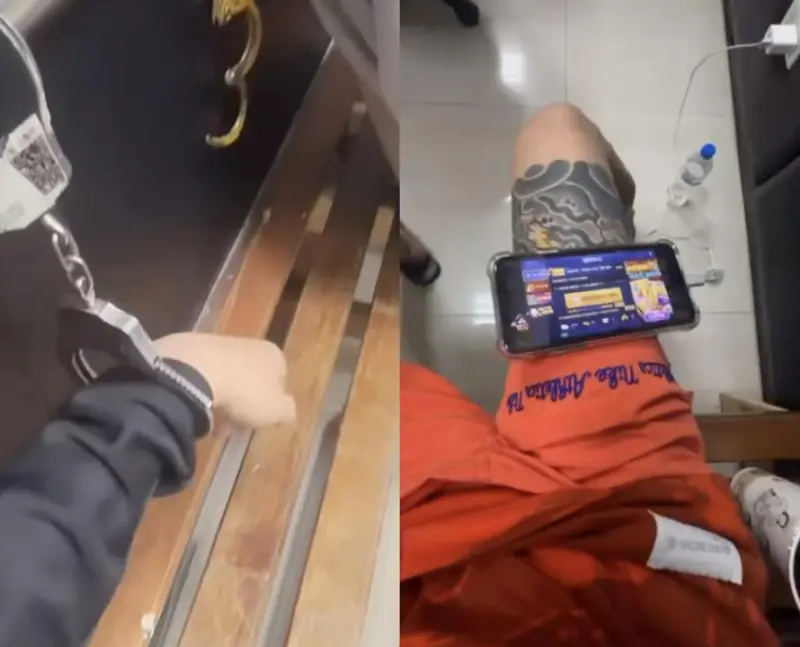 ▲蔡男被依現行犯逮捕，上銬期間還能玩手機、使用派出所插座充電玩遊戲。（圖／翻攝畫面）