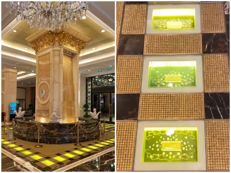 ▲澳門英皇娛樂酒店悄悄將大廳知名的「黃金大道」金磚撬起出售，而且轉手變現的獲利將近10倍，引發熱議。（圖／翻攝自微博）