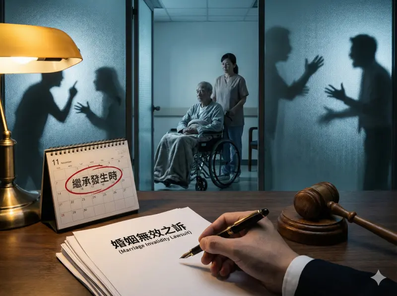 ▲102歲人瑞迎娶看護引發家屬搶人與爭產風波。示意圖顯示家屬被隔絕在門外，前景的法律文件點出，激情衝突無用，掌握「繼承時機」才是關鍵翻盤點。（示意圖／由 AI 生成）