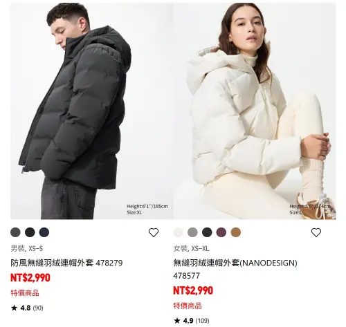 ▲UNIQLO「無縫羽絨連帽外套」目前男女裝皆在進行特價，一件特價只要2990元。（圖／台灣UNIQLO官網）